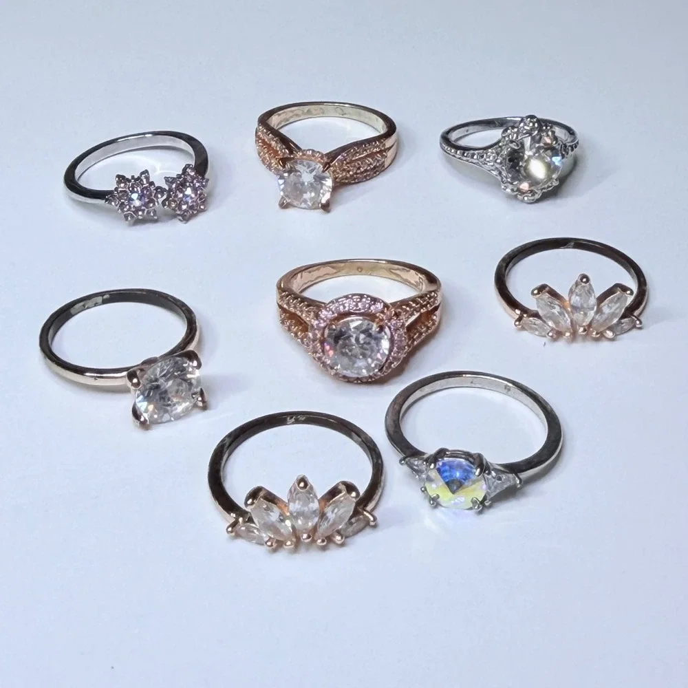 Fragrant Jewels Ring Lot 8pc Rose Gold Silver Tone CZ Halo Crown Floral Size 6